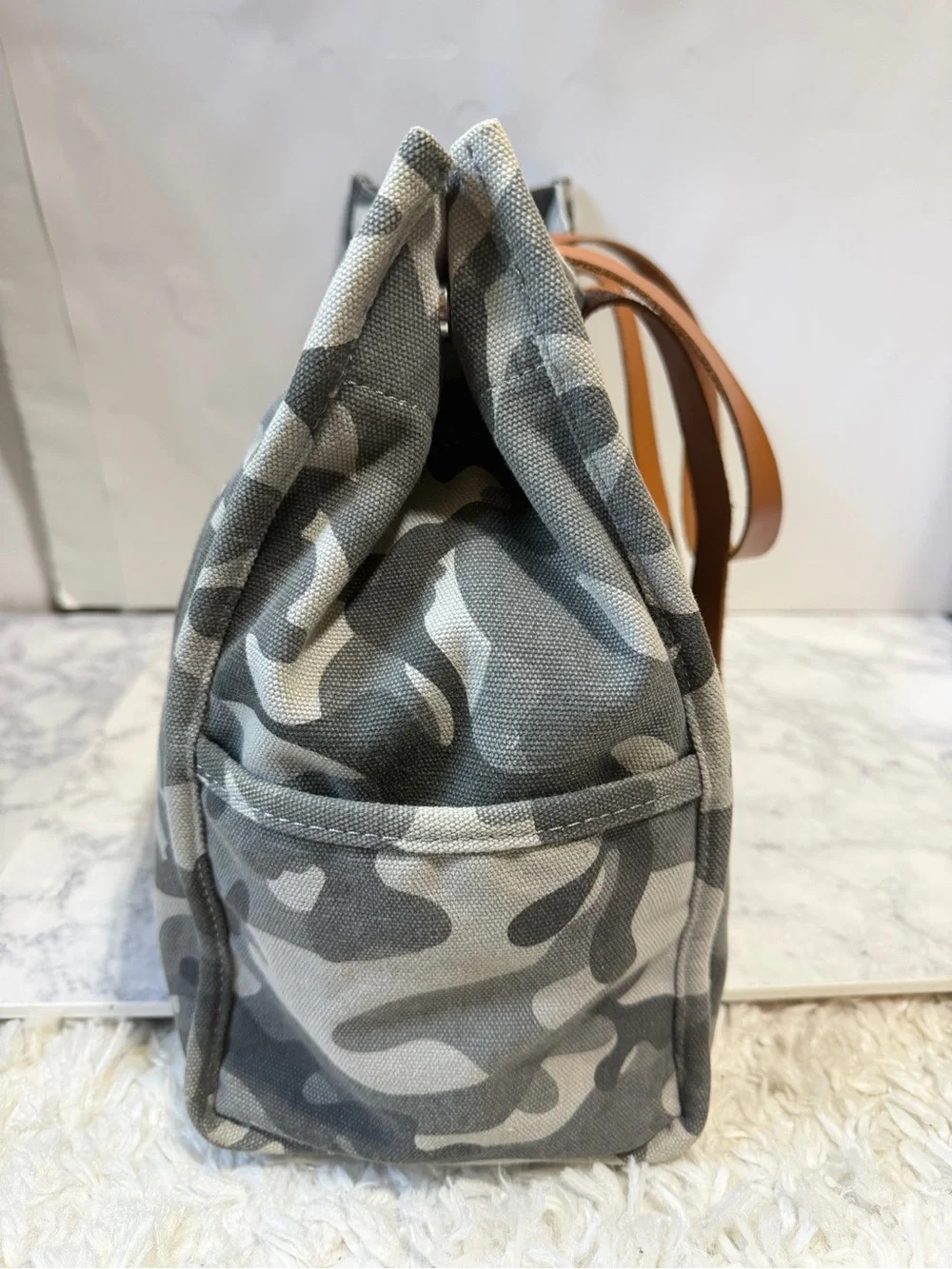Pottery Barn Kids grey Camo large Canvas leather Tote Bag everyday mom
